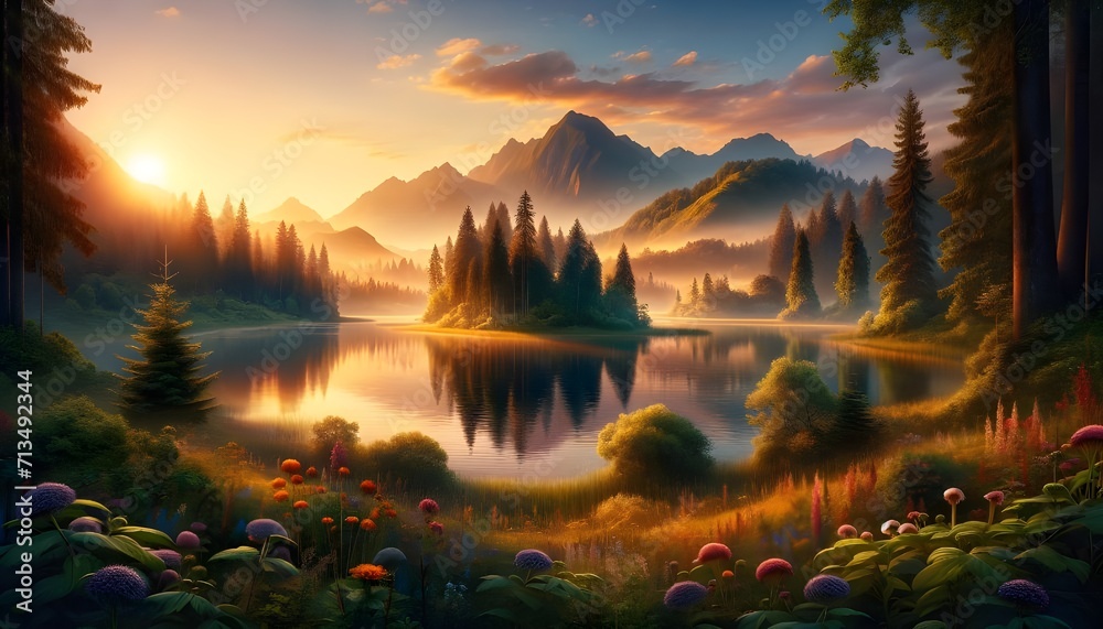 Lever du soleil magique : le ciel, orné de nuages, s'illumine au-dessus du lac. L'eau miroite cette scène naturelle, offrant un paysage à couper le souffle.
