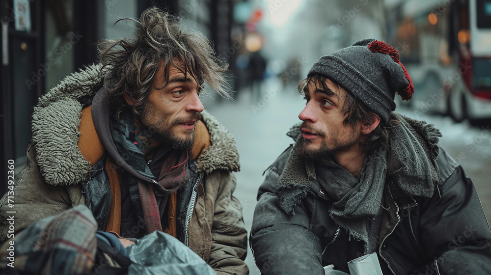 Portrait of two young and old homeless man talking to each other by sitting on a sidewalk of a street, wearing dirty cloth and messy hair Portrait of two young and old homeless man talking to each other by sitting on a sidewalk of a street, wearing dirty cloth and messy hair
