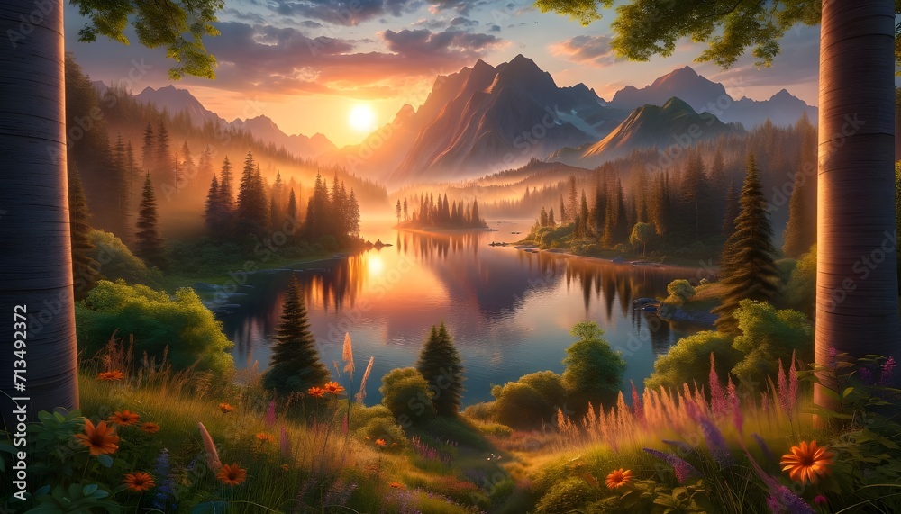 Lever du soleil sur un lac tranquille, entouré de montagnes. Le ciel s'illumine, reflétant ses teintes dans l'eau. Ce paysage naturel offre une scène de paix et de beauté.
