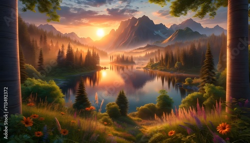 Lever du soleil sur un lac tranquille, entouré de montagnes. Le ciel s'illumine, reflétant ses teintes dans l'eau. Ce paysage naturel offre une scène de paix et de beauté.