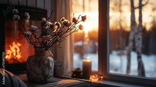  A vase with a bouquet of flowers in the room during sunset,Generated by AI © Сергей Старостов