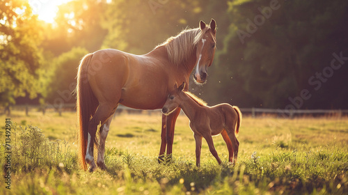 A picturesque scene capturing a majestic mare standing proudly in a sunlit pasture, her adorable foal playfully nuzzling beside her, creating a visually enchanting and heartwarming