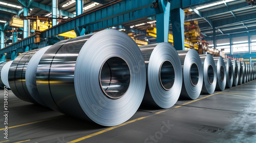 Sheet metal coils in an industrial environment. Rolls of galvanized sheet steel in the factory. photo