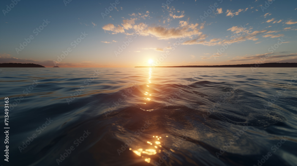 Realistic clear water on sunrise background, nature water on clear sky, morning romantic landscape