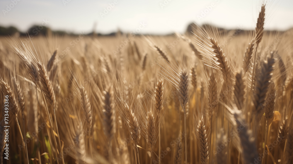 Obraz premium Realistic ripe ears of wheat in the field bathed in the sun's rays, nature landscape