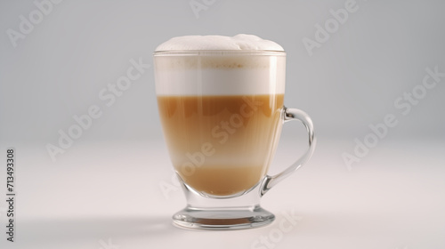 Cappuccino in a glass foaming on a white background, morning coffee