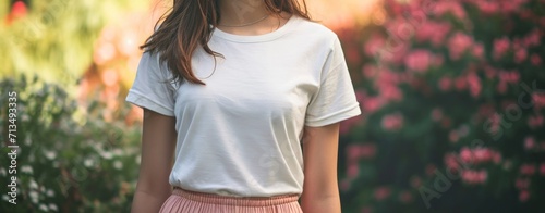 A close up of torso wearing a blank white unisex jersey short sleeve tee