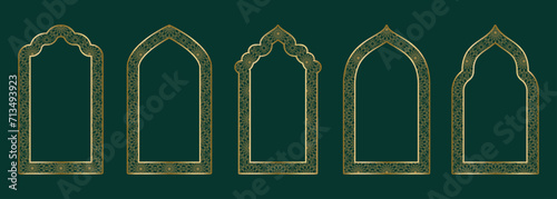 Gold arch frame shape Islamic door or window with geometric girikh pattern, silhouette Arabic arch. Luxury set in oriental style. Frames in Arabic Muslim design for Ramadan Kareem. Vector illustration