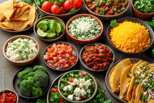 Mexican festive food, chiles en nogada, tacos al pastor, chalupas pozole, tamales, chicken with mole poblano sauce, top view © -=RRZMRR=-