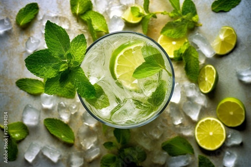 Refreshing cocktail made with lime and mint, perfect for summer. Top view with empty space. Generative AI