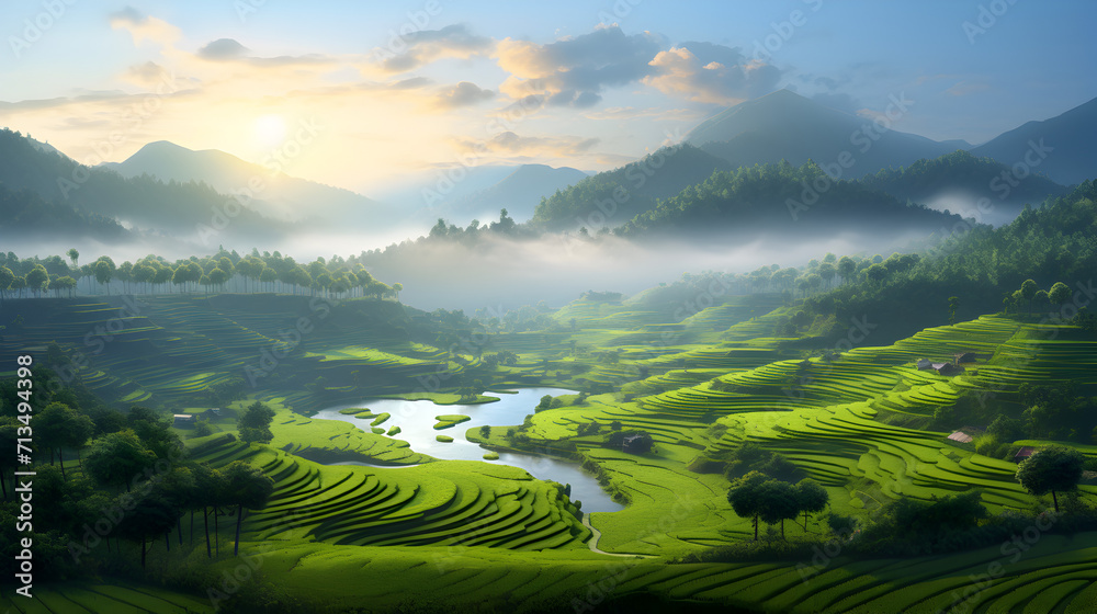 The distant scenery is taken from above refreshing,,
Illustration of Chinese terraced fields sparkling water misty mounta