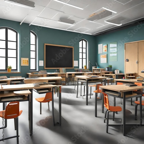Spacious classroom with rows of neatly arranged desks, a well-organized blackboard, and playful accents