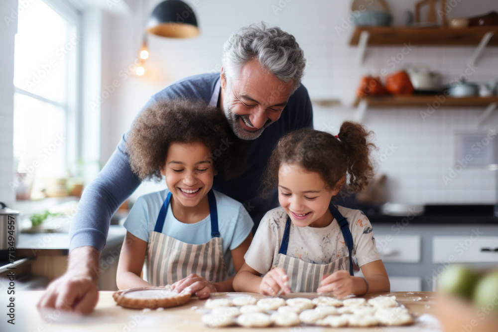In the kitchen, a diverse family enjoys homemade baking, bonding with joy and togetherness.