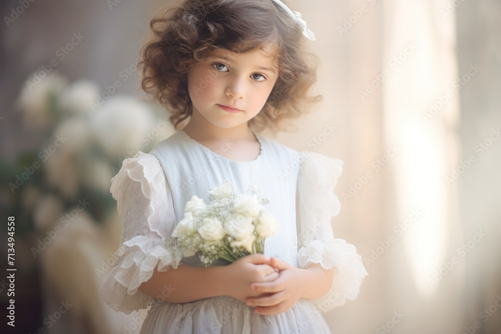 In an elegant lace dress, a tender and adorable girl poses with a bouquet, radiating beauty. In an elegant lace dress, a tender and adorable girl poses with a bouquet, radiating beauty.