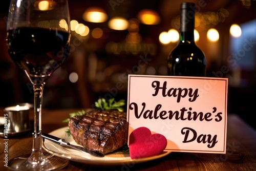 Valentines Day supreme luxurious dinner of steak and wine in restaurant pragma