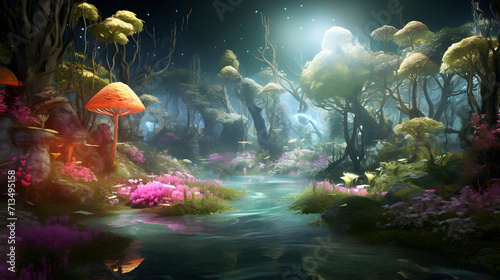 the forest is lit up with mushrooms and flowers, in the style of realistic fantasy artwork, fantastical street, dark emerald and light cyan,, A fairy forest fantasy wallpapers with pink mushrooms for  © Sana Ullah