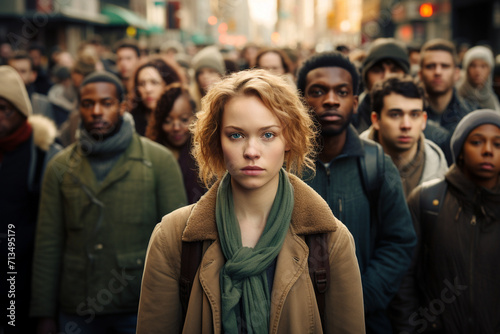 Crowd of People Surrounding Focused Woman on the Street