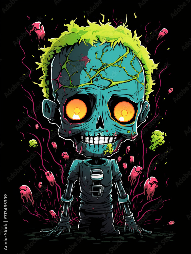 T-shirt design, lineal color icon of one cute zombie with a human theme on black background, featuring a full-body illustration where the head is larger than the body created with Generative Ai