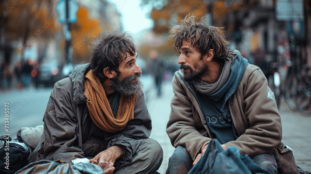 Portrait of two young and old homeless man talking to each other by sitting on a sidewalk of a street, wearing dirty cloth and messy hair