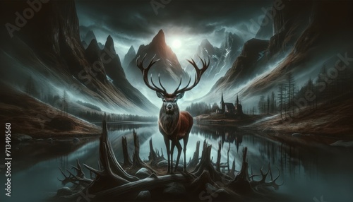 Majestic deer in mystical alpine forest