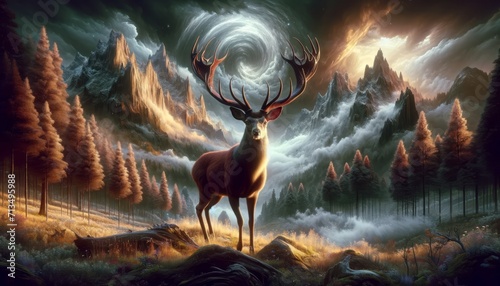Majestic deer in mystical alpine forest photo
