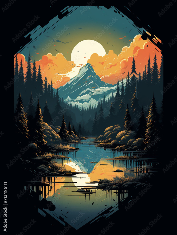 T-shirt design, mountains, sunset, in style minimalist, Black background created with Generative Ai T-shirt design, mountains, sunset, in style minimalist, Black background created with Generative Ai