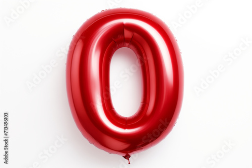 number 0 zero from red shiny balloon, isolated on white background