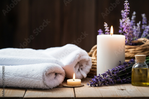 relaxing aromatherapy treatment,still life of folded towels,candles and lavender twigs,on a wooden base,spa industry concept