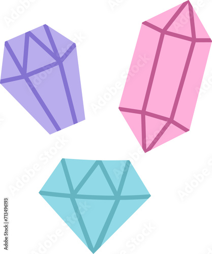 Vector flat style crystals. Unicorn treasures concept. Pink, blue, purple diamond icons. Magic or fairytale precious stone decoration for cards isolated on white background.