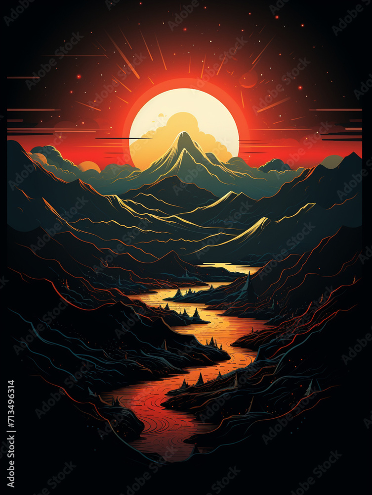 T-shirt design, mountains, sunset, in style minimalist, Black background created with Generative Ai
