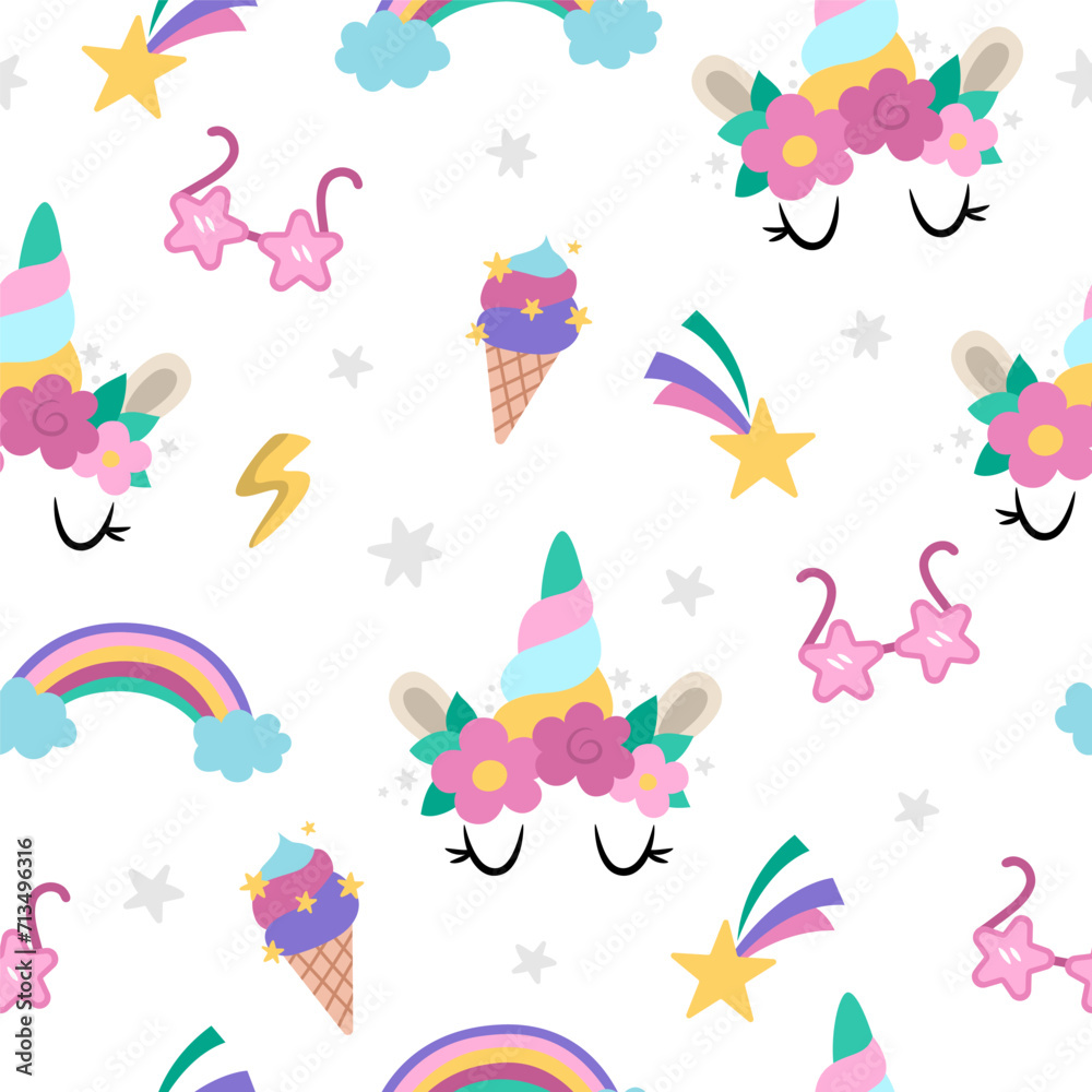 Vector unicorns seamless pattern. Repeat background with fairytale character, horn with eyes and flowers, rainbow, falling stars, star shaped pink glasses. Fantasy world digital paper.