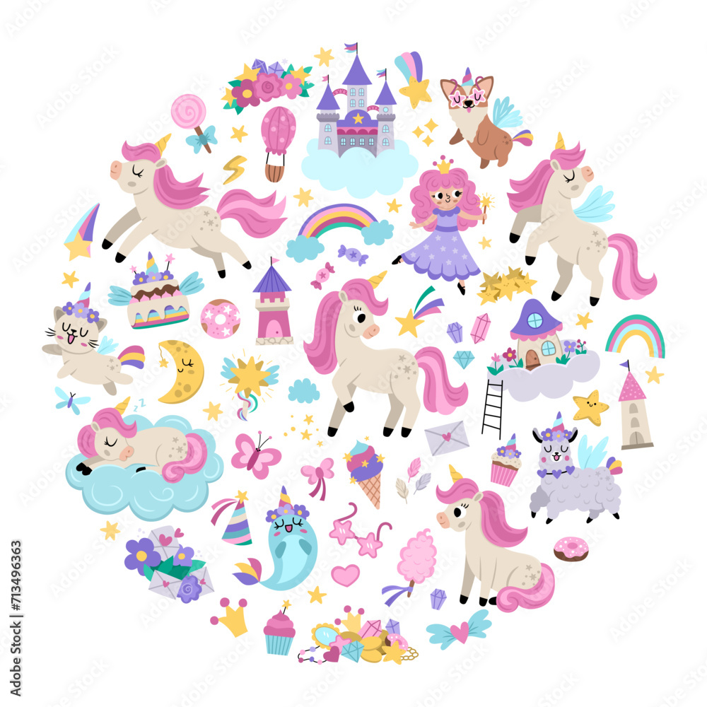 Fototapeta premium Vector round frame for unicorn party. Fairytale card design for banners, invitations, postcards, social media. Cute magic fantasy world illustration with animals, fairy, rainbow, star, crystal