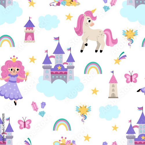 Vector seamless pattern with unicorn and fairy. Repeat background with fairytale characters, castle on cloud, towers, rainbow, falling stars, crystals, cloud. Fantasy world digital paper.
