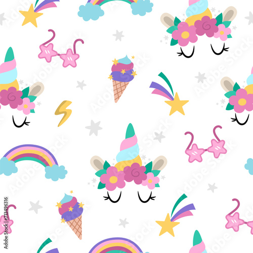 Vector unicorns seamless pattern. Repeat background with fairytale character, horn with eyes and flowers, rainbow, falling stars, star shaped pink glasses. Fantasy world digital paper.