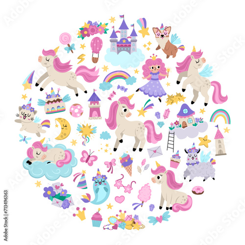 Vector round frame for unicorn party. Fairytale card design for banners, invitations, postcards, social media. Cute magic fantasy world illustration with animals, fairy, rainbow, star, crystal