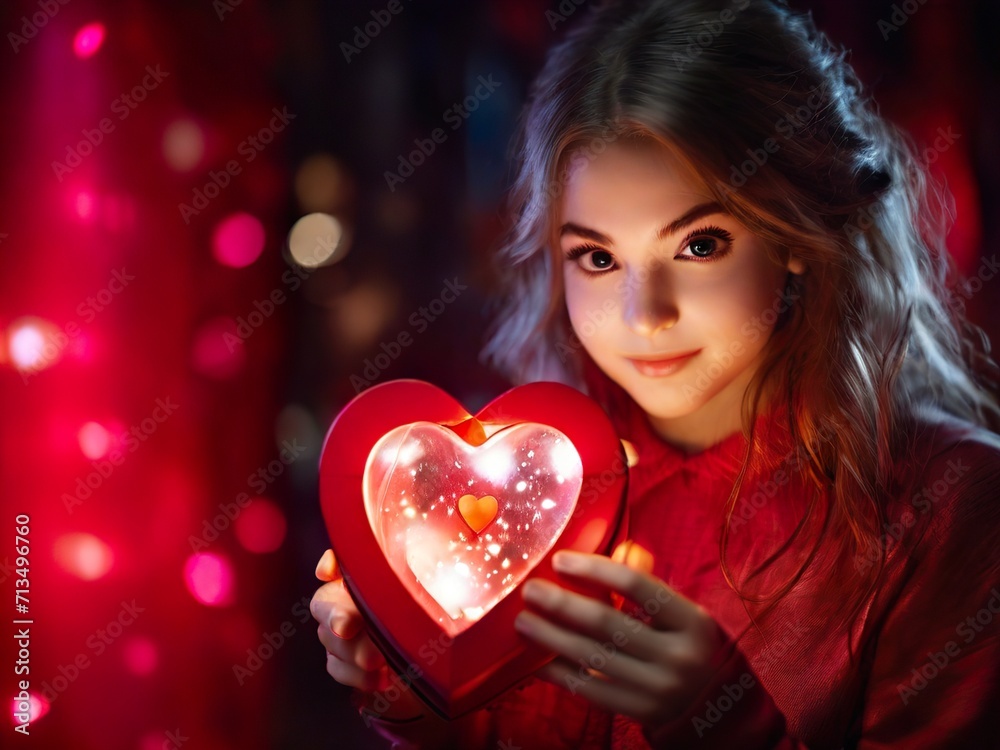 Beautiful girl opens a red box in the shape of a heart with illuminated gift ai generated Beautiful girl opens a red box in the shape of a heart with illuminated gift ai generated