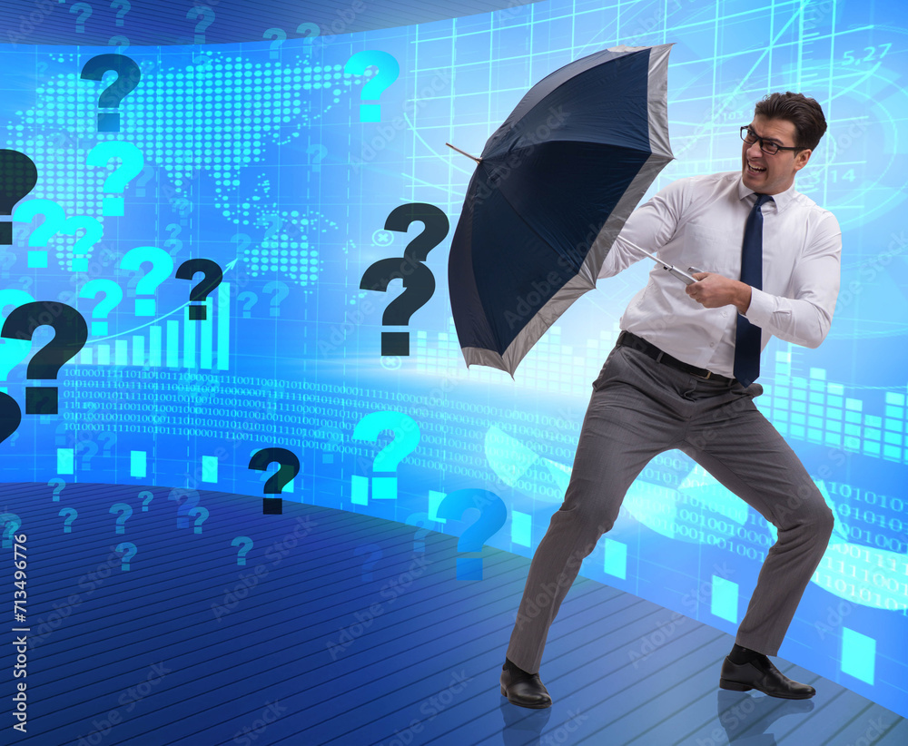 Uncertainty concept with businessman and question marks Uncertainty concept with businessman and question marks