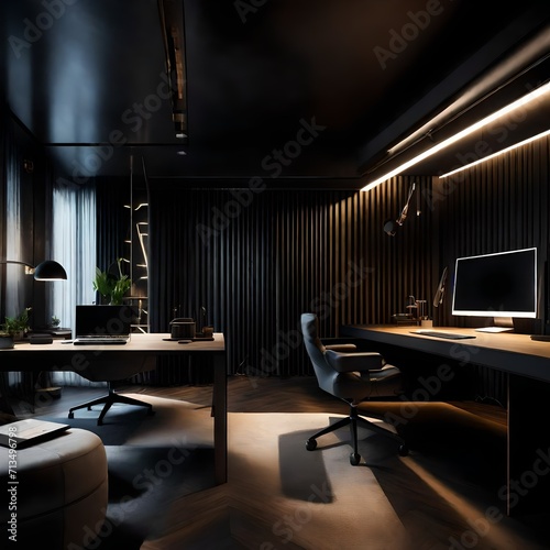 Stylish luxury workspace in an ultramodern brutal apartment, dark color palette, and ambient LED lighting