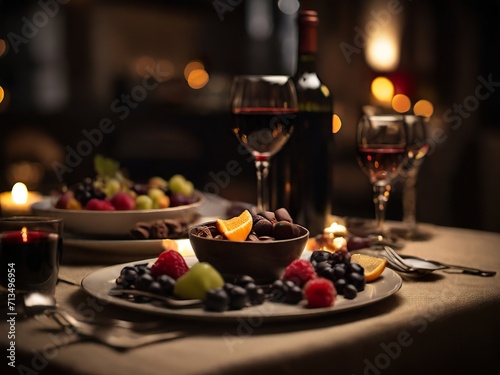 Table with romantic dinner by candlelight, ai generated