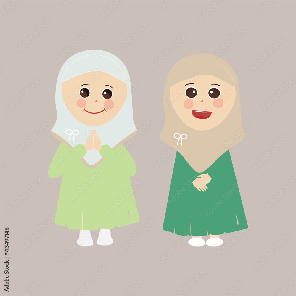 Muslim kid, little girl ramadan cartoon vector illustration. Cute female child in traditional clothes. Happy and smiling children character in hijab. Muslim girl in different action Muslim kid, little girl ramadan cartoon vector illustration. Cute female child in traditional clothes. Happy and smiling children character in hijab. Muslim girl in different action