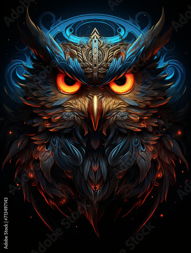 T-shirt design, a gigantic owl, fantasy, glowing eyes, electric dreamscape style, octane rendered created with Generative Ai