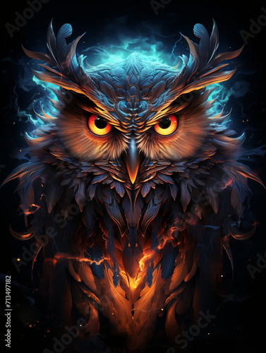 T-shirt design, a gigantic owl, fantasy, glowing eyes, electric dreamscape style, octane rendered created with Generative Ai © Andrii Yablonskyi