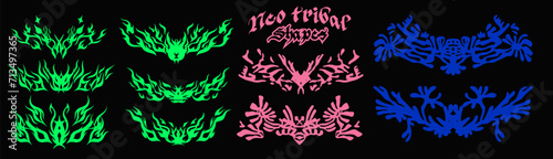Abstract organic Neo-tribal Y2K Cybersigilism or Cybertribal style figures for flash tattoos and stickers. Shapes that mixes ancient ethnic patterns with modern art tecniques and aesthetics. photo