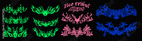 Abstract organic Neo-tribal Y2K Cybersigilism or Cybertribal style figures for flash tattoos and stickers. Shapes that mixes ancient ethnic patterns with modern art tecniques and aesthetics.