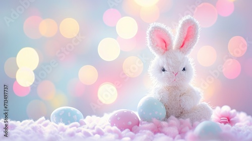 Easter Rabbit and Eggs Concept. A lovely bunny character holding an Easter egg is displayed against a soft pastel bokeh background, giving a playful touch to the scene. © AbGoni
