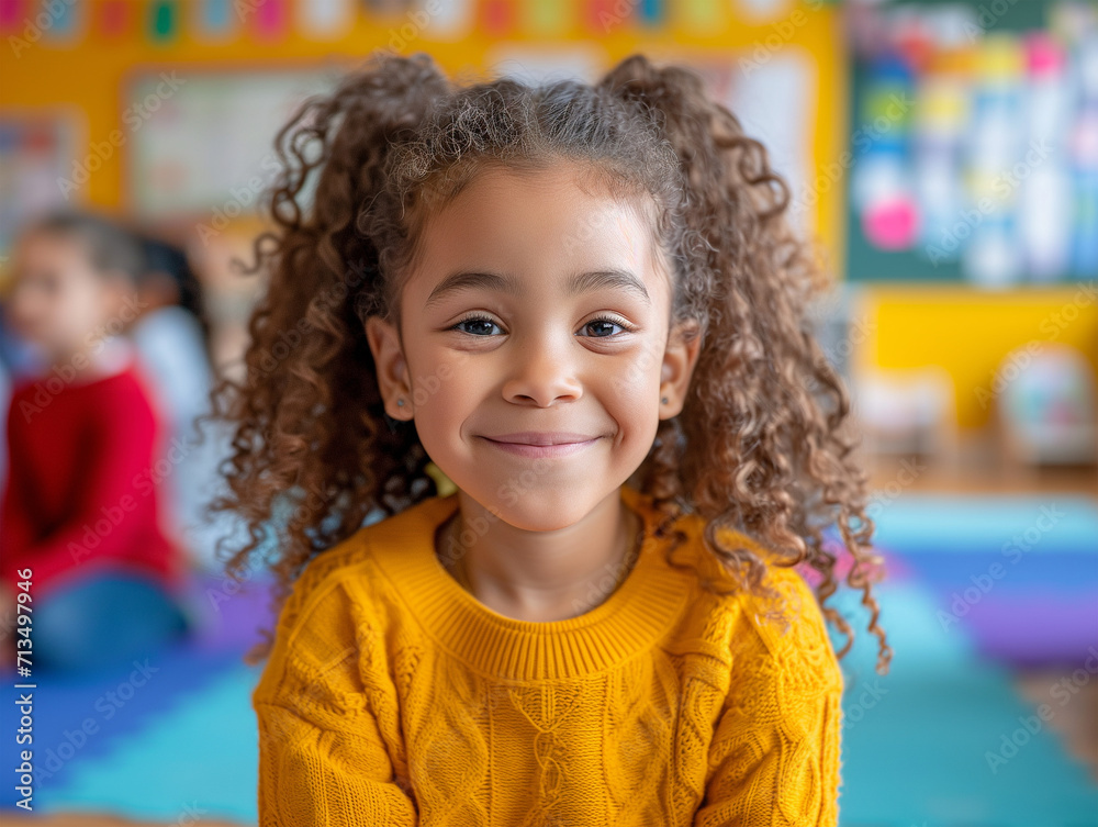 Portrait of little girl of African descent in a safe kindergarten classroom. Cute educational visual; happy child in a safe nursery school. Preschool for children and day care. Poster for childhood Portrait of little girl of African descent in a safe kindergarten classroom. Cute educational visual; happy child in a safe nursery school. Preschool for children and day care. Poster for childhood