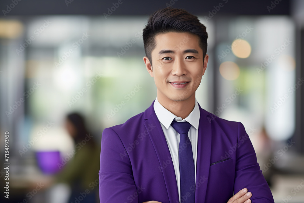 happy businessman ceo, asian man, standing in office arms crossed, in purple jacket and tie happy businessman ceo, asian man, standing in office arms crossed, in purple jacket and tie