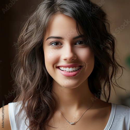 Smile of a charming girl with perfect white teeth close up.