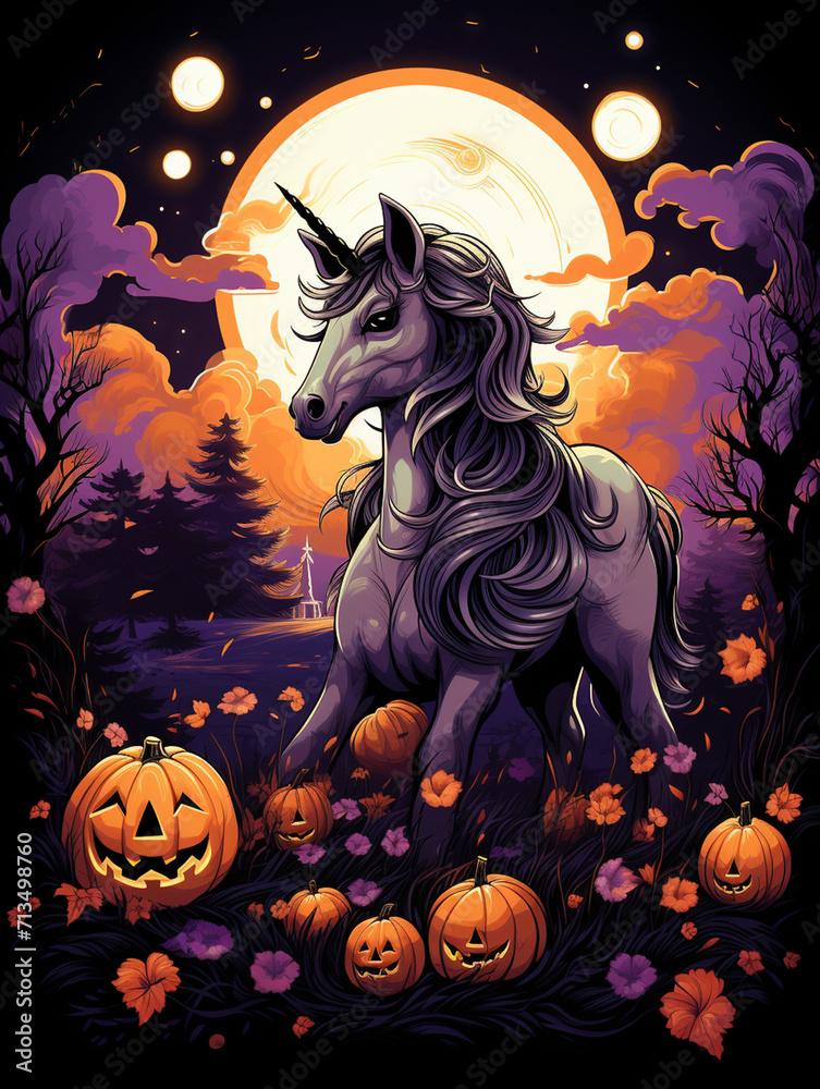 T-shirt design, cartoon unicorn with pumpkins on ground and moon stars in sky, vivid colors of orange and purple created with Generative Ai T-shirt design, cartoon unicorn with pumpkins on ground and moon stars in sky, vivid colors of orange and purple created with Generative Ai