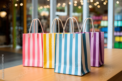 Striped gift bags in the shopping mall. Shopping concept